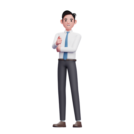 Geschäftsmann mit langem Hemd und blauer Krawatte zeigt in die Kamera  3D Illustration