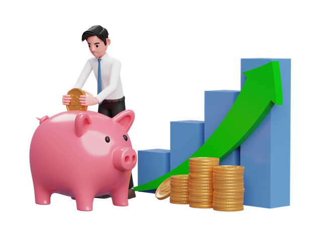 Geschäftsmann weißes Hemd blaue Krawatte sparen Goldmünzen in Sparschwein mit Balkendiagramm und grünem Pfeil nach oben  3D Illustration