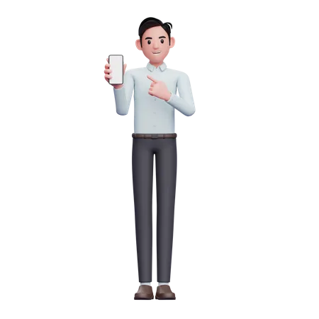 Geschäftsmann zeigt auf den Handy-Bildschirm  3D Illustration