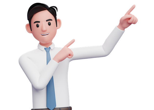 Geschäftsmann zeigt mit beiden Fingern auf die obere rechte Ecke  3D Icon
