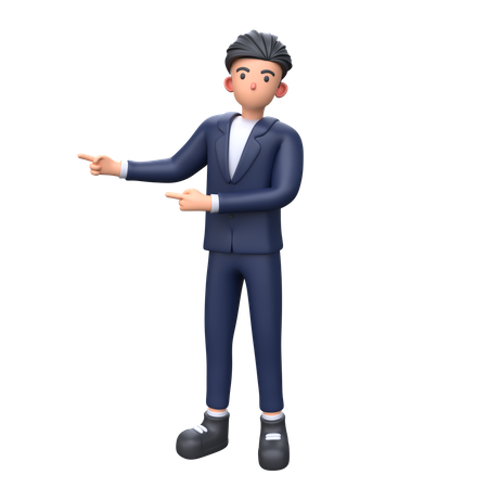 Geschäftsmann zeigt mit beiden Zeigefingern nach links  3D Illustration