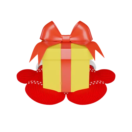 Geschenk in einer gelben Schachtel mit einer roten Schleife und einer Schleife in gestrickten roten Fäustlingen verziert  3D Illustration