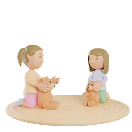 Geschwister spielen mit Teddy  3D Illustration