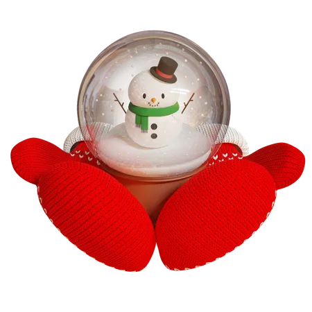Gestrickte rote Fäustlinge halten eine Souvenir-Schneekugel mit einem Schneemann  3D Illustration