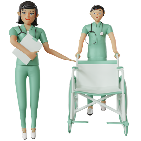 Gesundheitspersonal zeigt Rollstuhl  3D Illustration