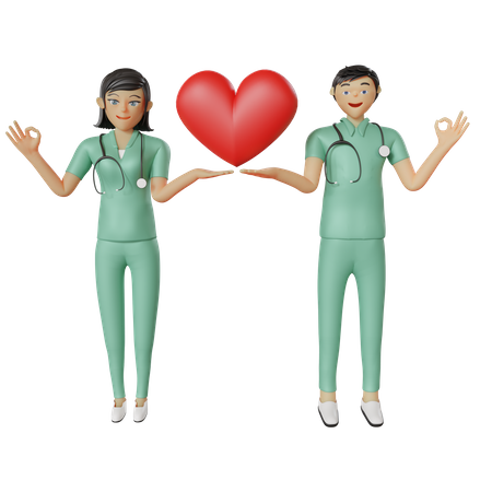 Krankenschwester-Team im Gesundheitswesen hält Herz  3D Illustration