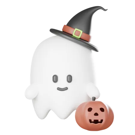 3 D Little Ghost Costume Holding Pumpkin Icon Isolated White Background 3D Icon