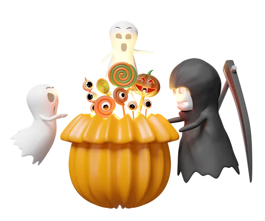 3 D Halloween Holiday Party With Cute Ghost Grim Reaper Hand Holding Scythe Pumpkin Head Snack Basket Isolated 3 D Render Illustration 3D Illustration