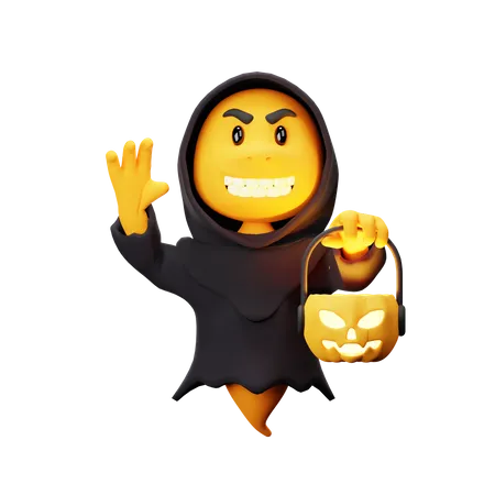 Ghost Character With Pumpkin Basket  3D Illustration