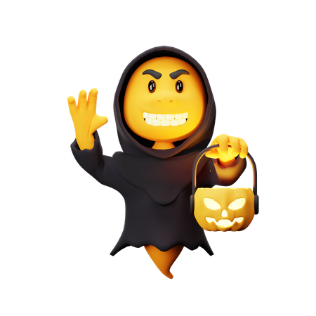 Ghost Character With Pumpkin Basket  3D Illustration
