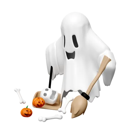 3 D Halloween Day With Cute Ghost Witch Wand Pumpkin Skull Shovel Garbage Isolated Holiday Party Ghost Cleans The Floor 3D Icon