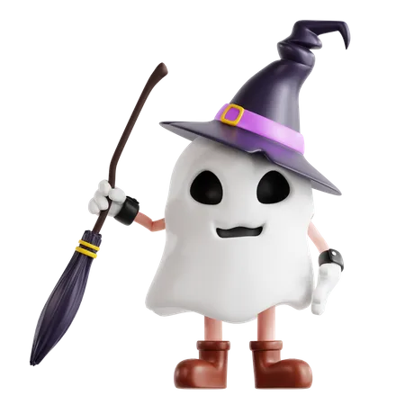 Ghost Holding Broom Stick  3D Illustration