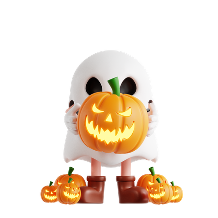 Ghost Holding Pumpkin  3D Illustration