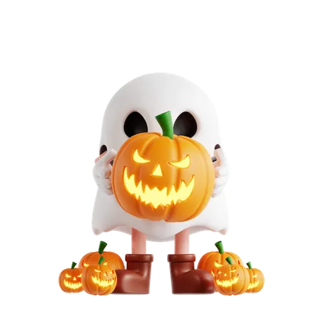 Ghost Holding Pumpkin  3D Illustration