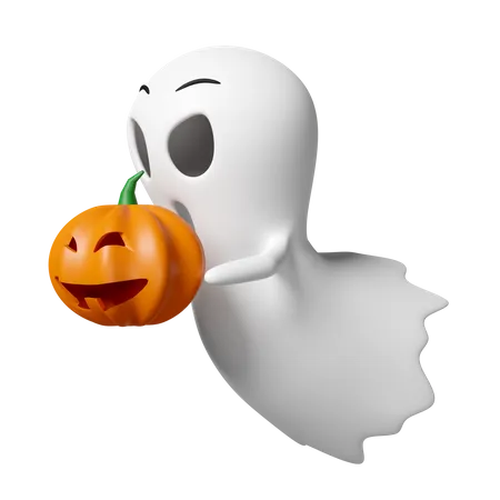 3 D Halloween Day With Cute Ghost Hand Holding Carved Pumpkin Isolated Holiday Party 3D Icon