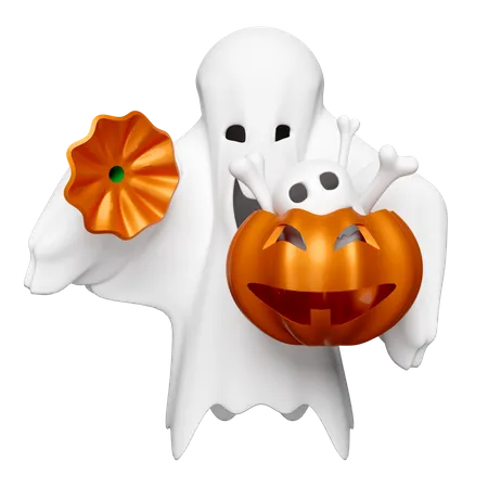 3 D Halloween Day Concept With Cute Ghost Holding Magic Cauldron Pumpkin Skull Skeleton Isolated Holiday Party 3D Icon