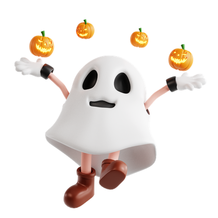 Ghost Jumping With Pumpkin  3D Illustration