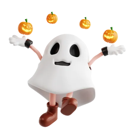 Ghost Jumping With Pumpkin  3D Illustration