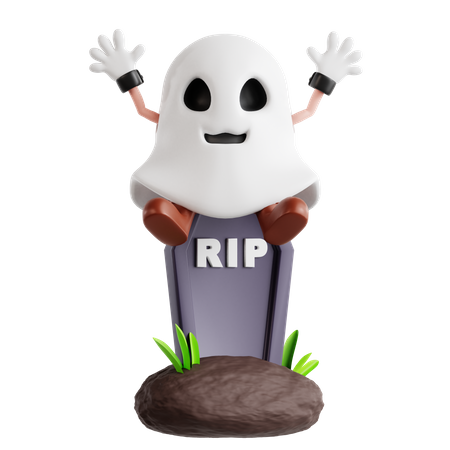 Ghost Sitting On Gravestone  3D Illustration