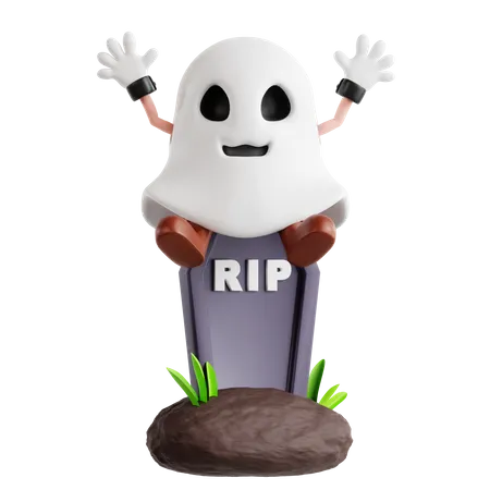 3 D Ghost Halloween Character Sit On Grave 3D Illustration