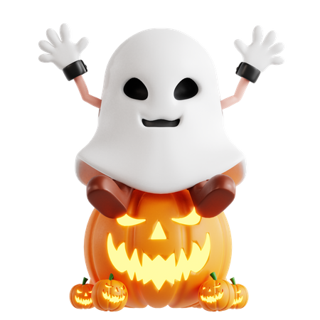 Ghost Sitting On Pumpkin  3D Illustration