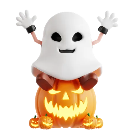 3 D Ghost Halloween Character Sit On A Pumpkin 3D Illustration
