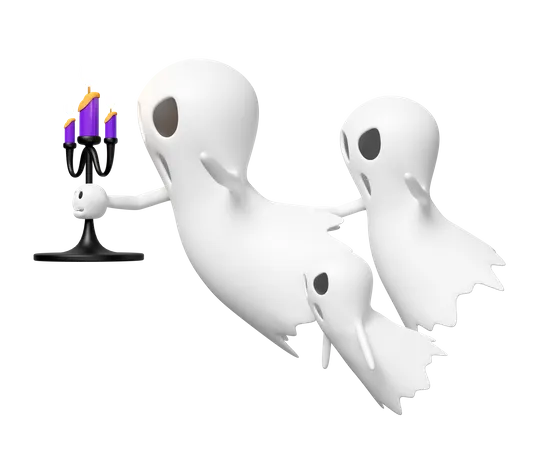 3 D Halloween Holiday Party With Cute Ghost Flying Holding Candlestick Isolated 3 D Render Illustration 3D Icon