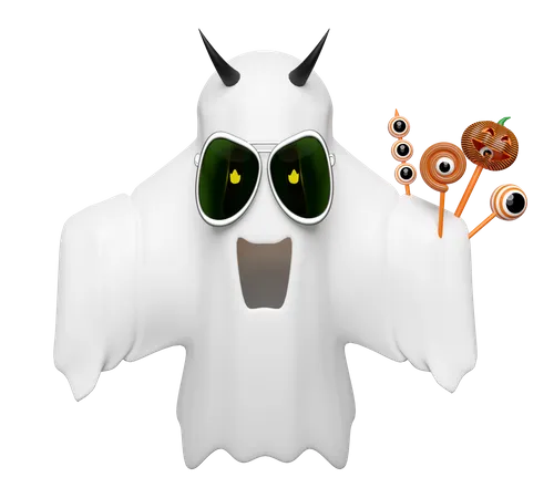 3 D Halloween Holiday Party With Cute Ghost Flying Holding Candy Snacks Sunglasses Flame In Eye Isolated 3D Icon
