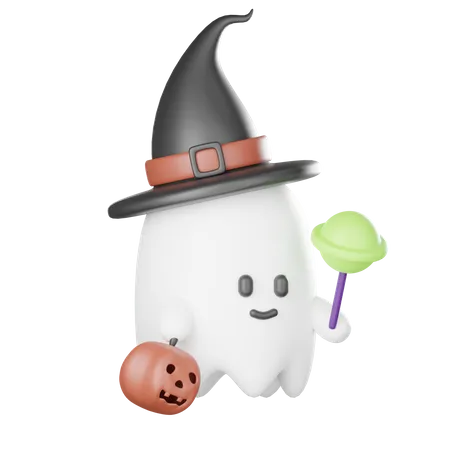 3 D Little Ghost Costume Holding Candy And Pumpkin Icon Isolated White Background 3D Icon