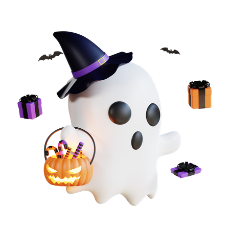 Ghost with Halloween chocolates  3D Illustration
