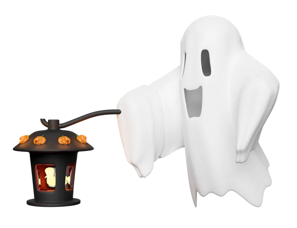 3 D Halloween Holiday Party With Cute Ghost Flying Holding Storm Lantern Isolated 3D Icon