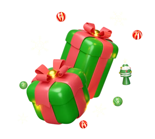Gift Box With Decorative Ball Snowflake Christmas Tree Merry Christmas And Happy New Year 3 D Render 3D Illustration