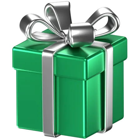 3 D Illustration Of A Green Giftbox With Silver Bow Ribbons 3D Icon