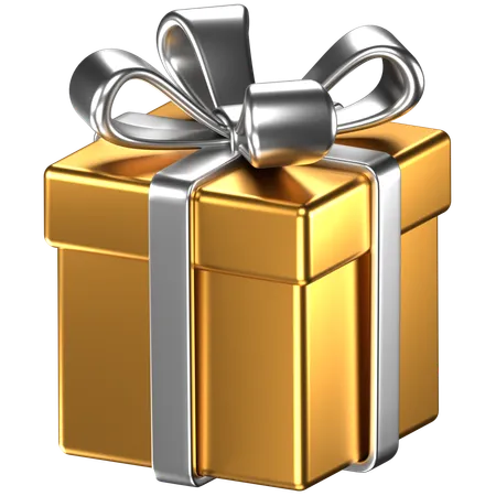 3 D Illustration Of A Gold Giftbox With Silver Bow Ribbons 3D Icon