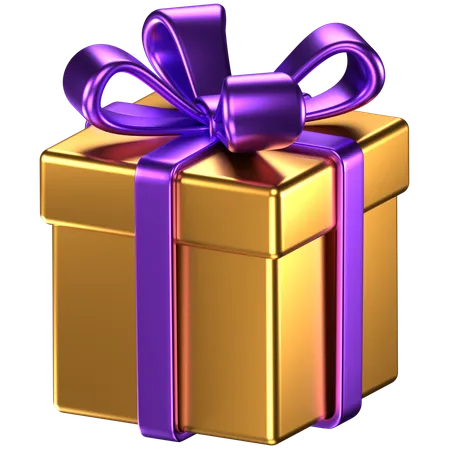3 D Illustration Of A Gold Giftbox With Purple Bow Ribbons 3D Icon