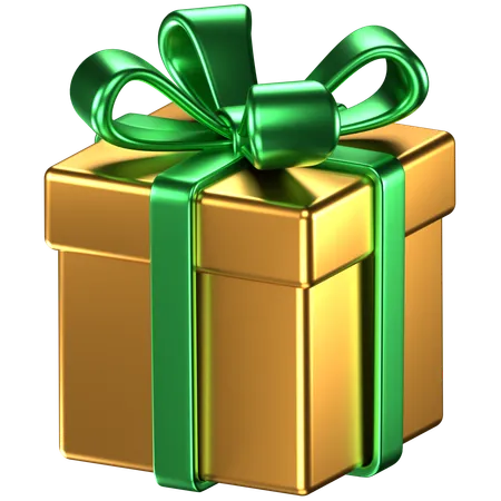 3 D Illustration Of A Gold Giftbox With Green Bow Ribbons 3D Icon