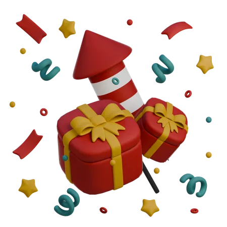 3 D Icon Of Gift Box And Fireworks 3D Icon