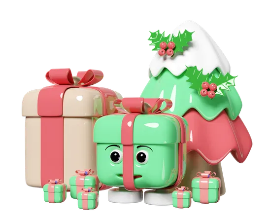 Gift Box Character With Christmas Tree Merry Christmas And Happy New Year 3 D Render Illustration 3D Icon