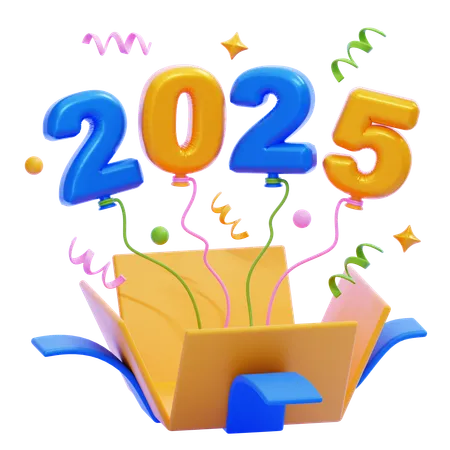 Gift Box with 2025 Balloons  3D Icon