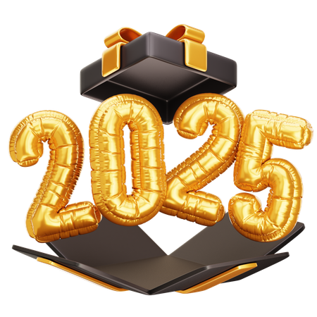 Gift Box with 2025 Golden Balloon  3D Icon