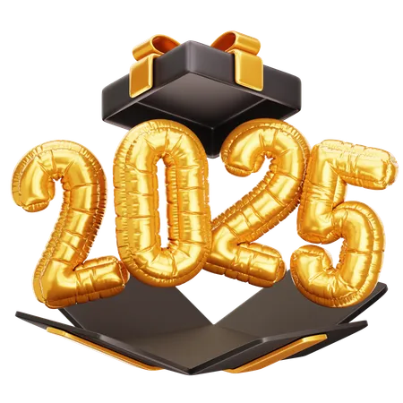 Gift Box with 2025 Golden Balloon  3D Icon