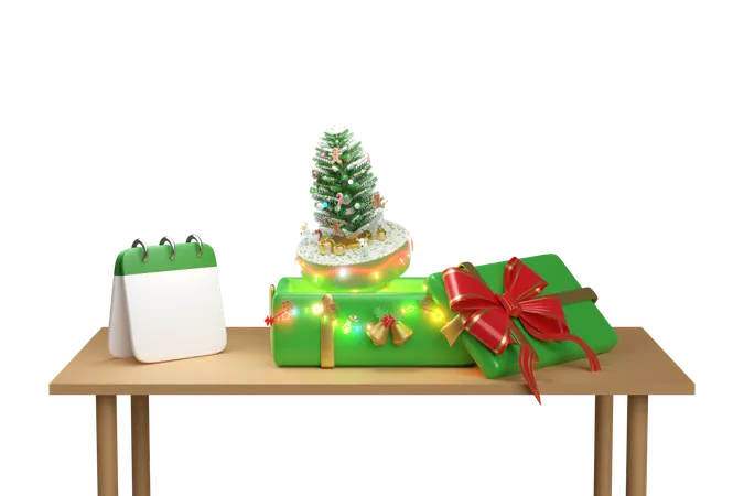 Gift Box With Christmas Tree Calendar Clear Glass Lantern Garlands On The Table Merry Christmas And Happy New Year 3 D Render Illustration 3D Icon