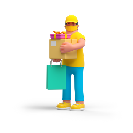 Gift delivery by courier boy 3D Illustration