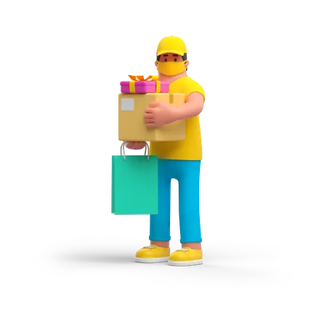 Gift delivery by courier boy  3D Illustration