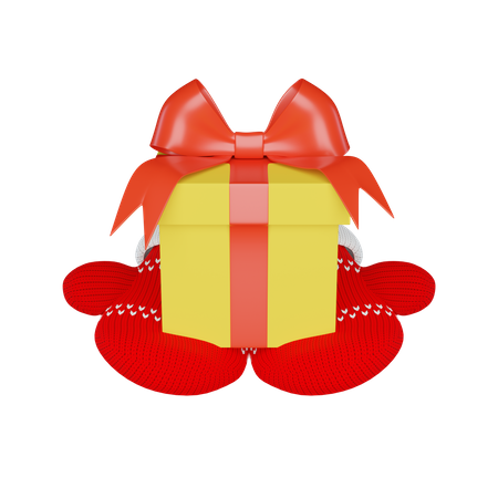 Gift in a yellow box decorated with a red ribbon and a bow in knitted red mittens 3D Illustration