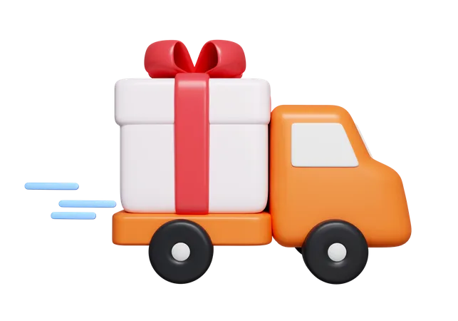 3 D Gift On Truck Fast Delivery Concept Delivery Success Quick Delivery Service Icon Isolated On White Background 3 D Rendering Illustration Clipping Path 3D Icon