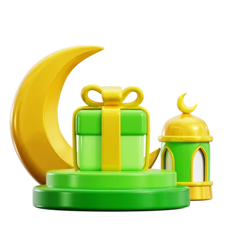Traditional Islamic Lantern Lamp With Crescent Moon And Gift Box Present On Podium Stage For Happy Ramadan Mubarak Greeting And Online Shop Sale Campaign 3 D Render Illustration Design 3D Icon