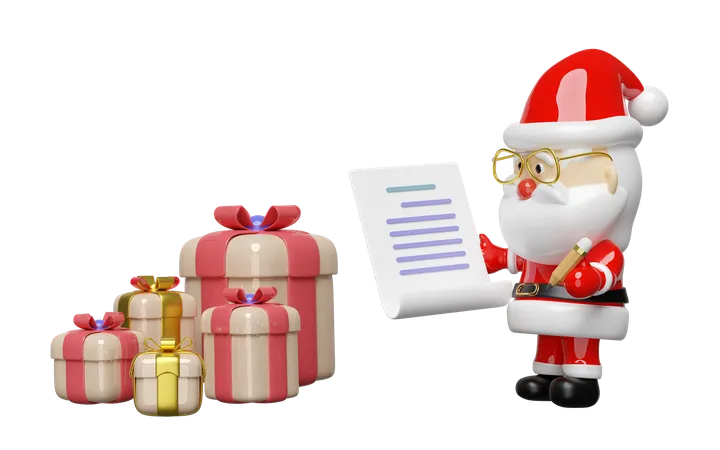 Santa Claus Is Checking Gift Boxes With A Checklist Merry Christmas And Happy New Year 3 D Render Illustration 3D Icon