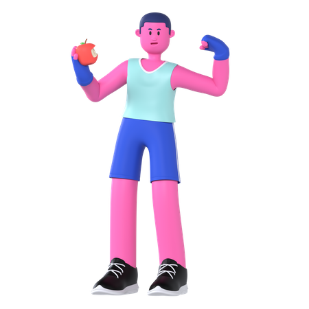 Homem de academia come frutas  3D Illustration