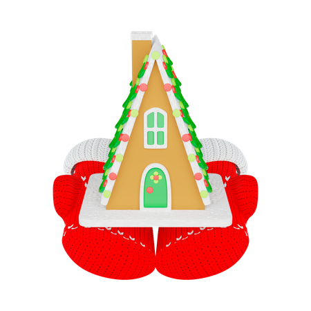 Gingerbread house in knitted Mittens 3D Illustration